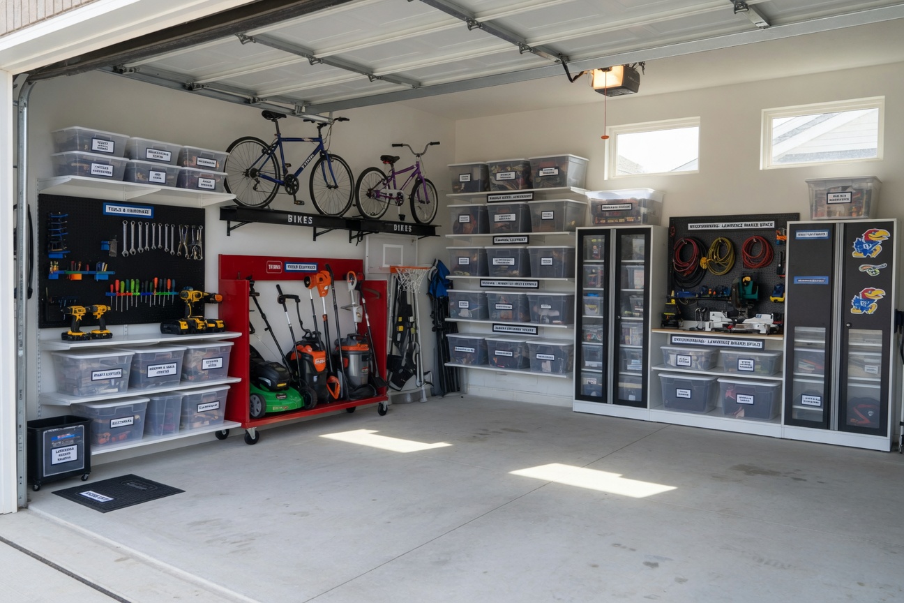 After: custom garage cabinetry and fixtures in Lawrence KS home