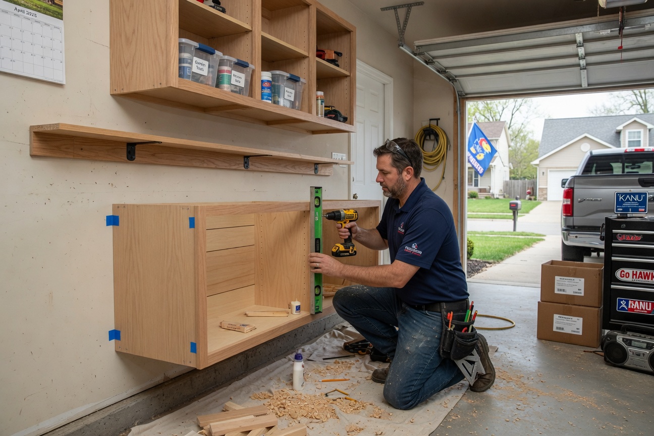 Custom carpentry, cabinets and garage fixtures in Lawrence KS home