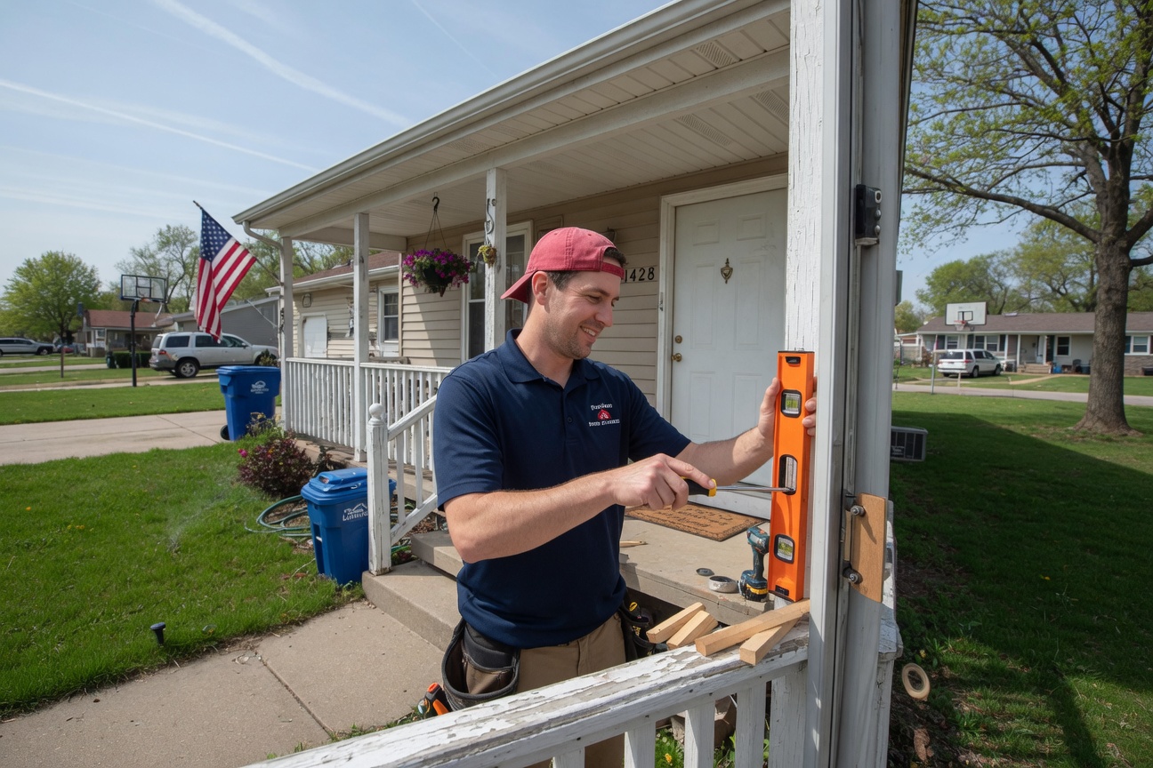 Professional handyman performing door repair and adjustment on suburban home in Lawrence Kansas