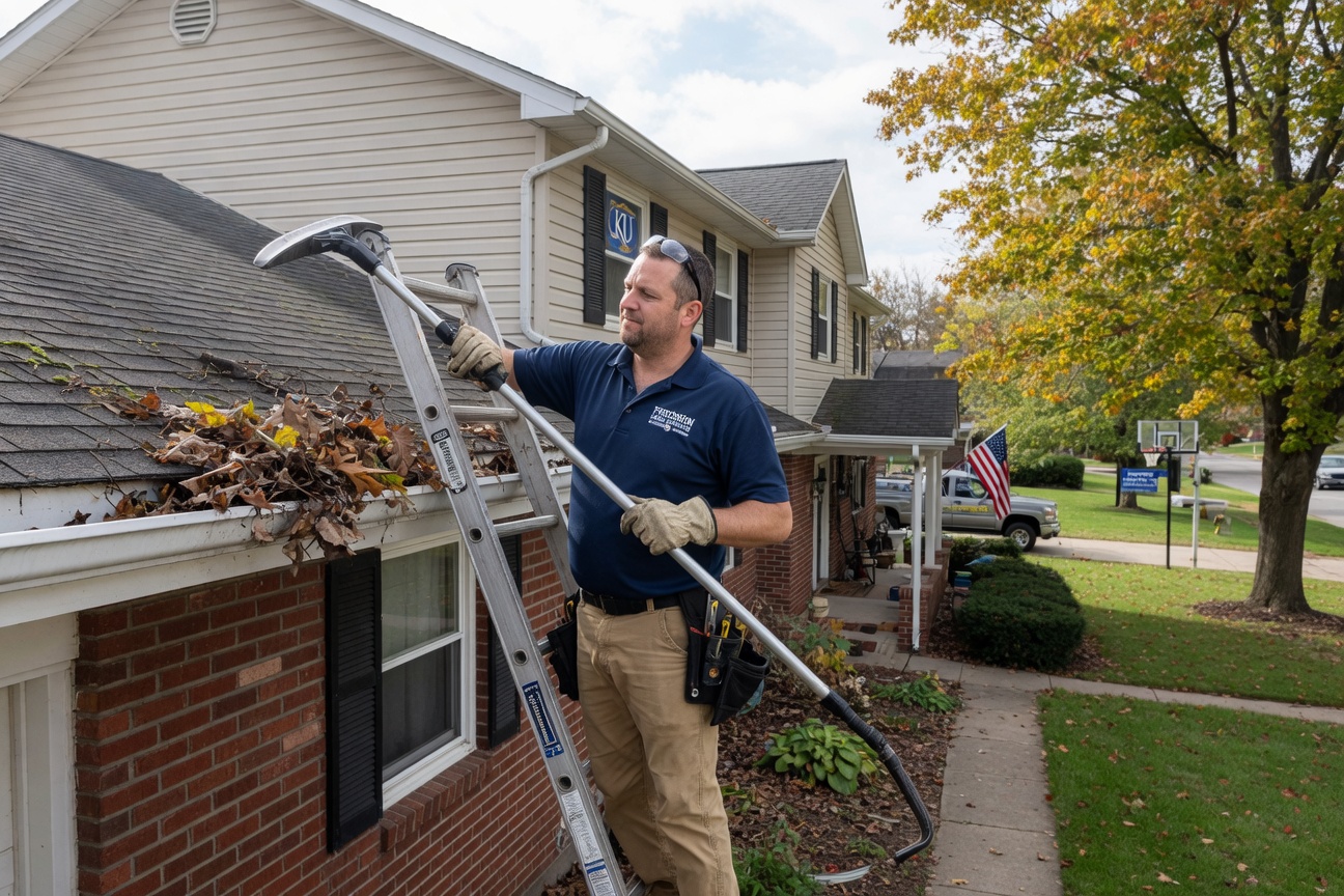 Professional gutter repair and exterior maintenance on suburban home in Lawrence Kansas