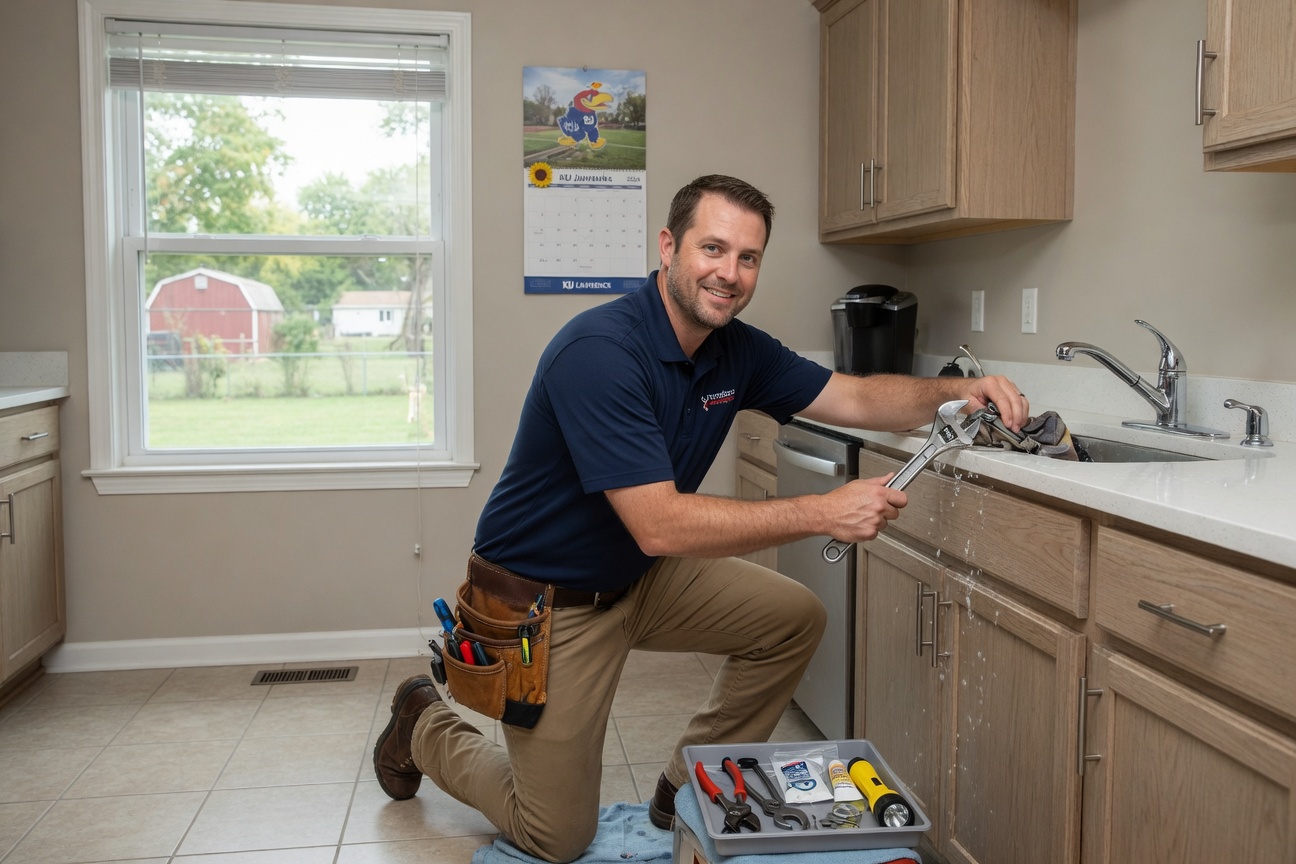 Professional handyman repairing a kitchen faucet in a Lawrence KS suburban home