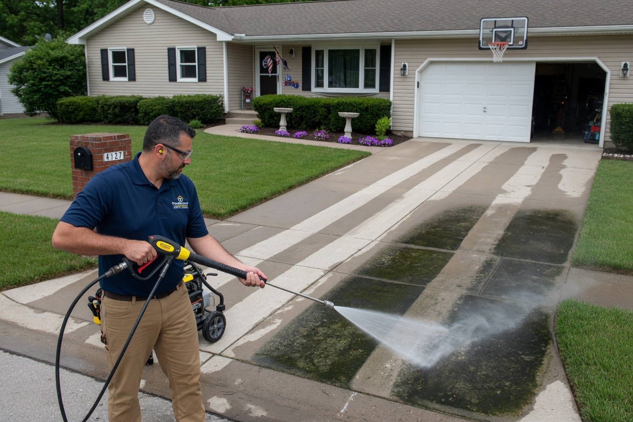 Professional driveway and surface restoration at Lawrence KS suburban home