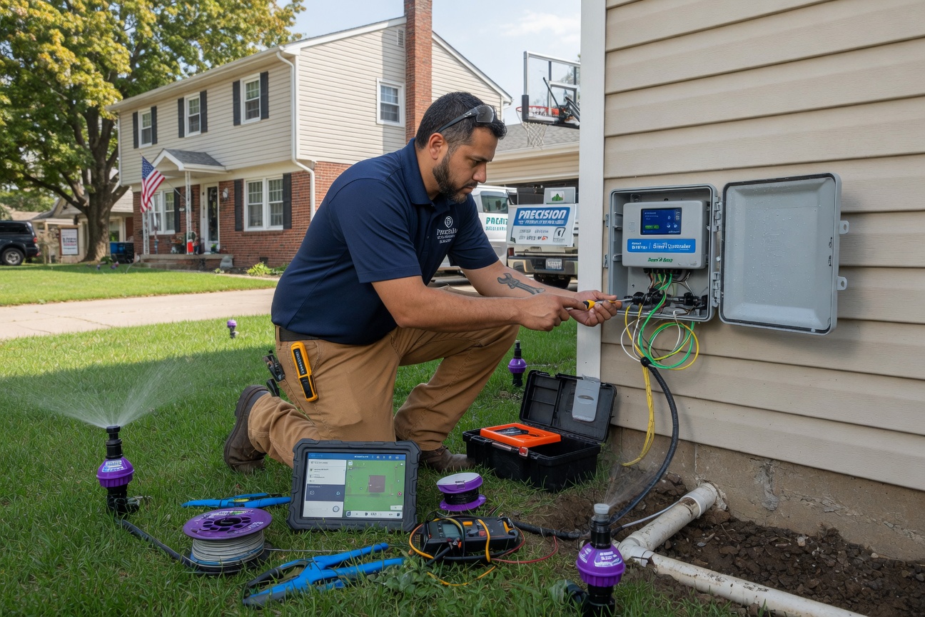 Professional installation of smart irrigation system in front yard of Lawrence Kansas suburban home